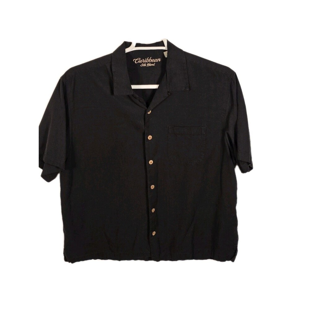 Caribbean Brand Men's Large 70%‎ Silk -30% Cotton Black Button-Down Shirt